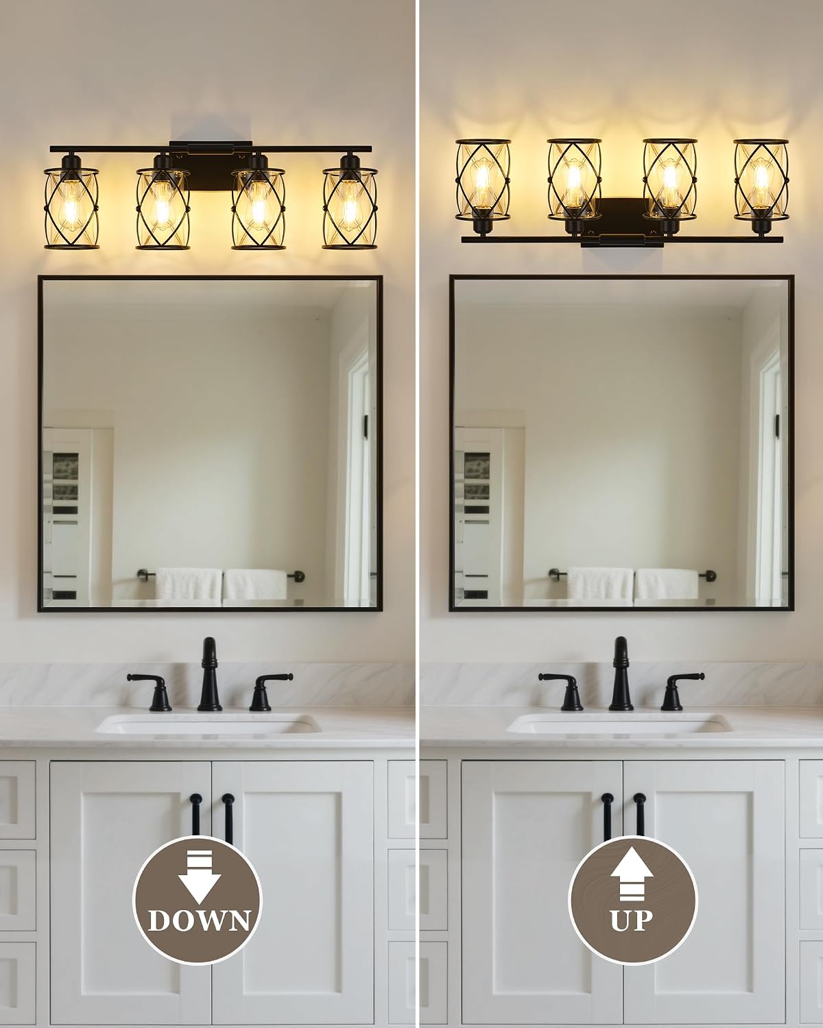 4-Light Black Bathroom Light Fixtures, 29 Inch Modern Bathroom Vanity Lighting Fixtures Over Mirror with Clear Glass and Metal Cage Wall Sconce Lights for Bath, E26, CH9176BK-4W
