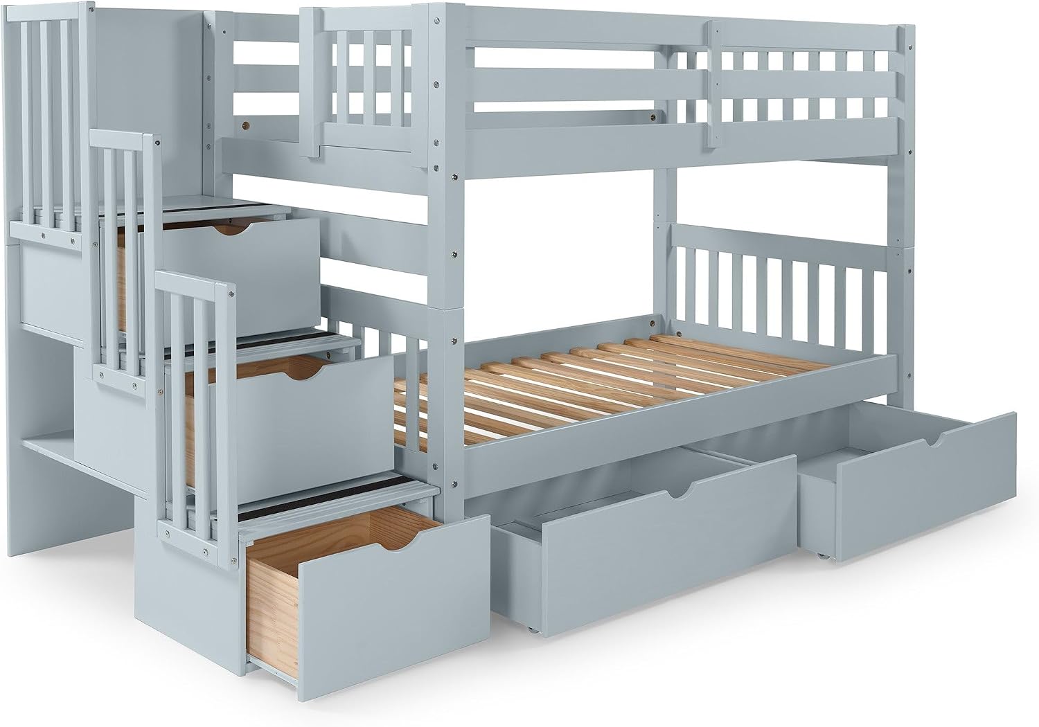 Bedz King Stairway Bunk Beds Twin Over Twin, 3 Step Drawers, 2 Storage Drawers, Breezy Blue