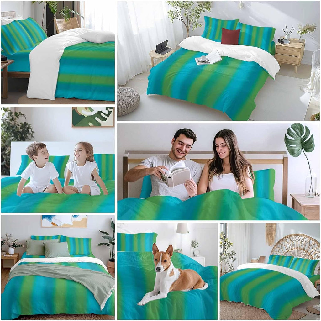 Blue Green Gradient Duvet Cover Set Queen Size 4 Pieces Color Striped Ombre Modern Minimalist Art Bedding Set with Zipper Closure, 1 Comforter Cover 86x86 Inches 1 Flat Sheet & 2 Pillow Cases
