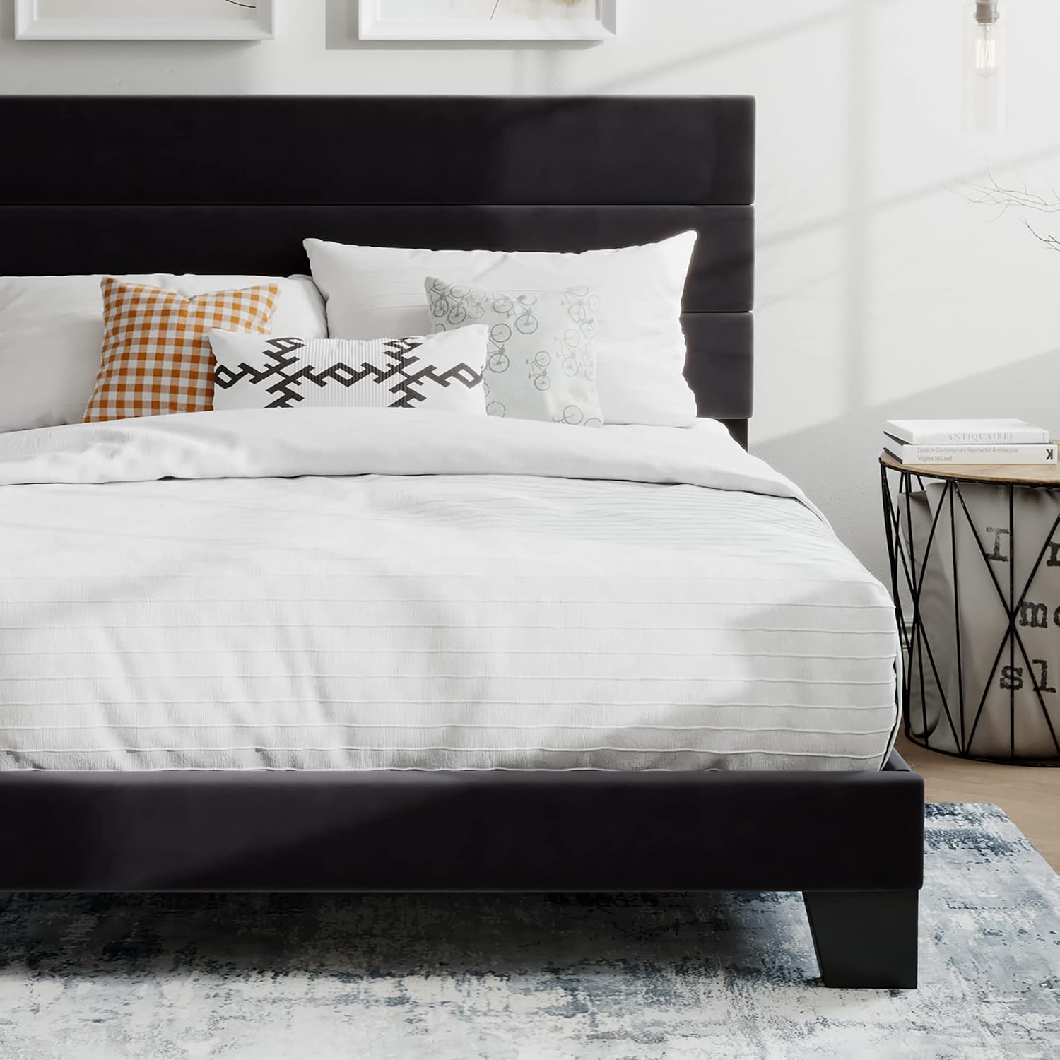 SHA CERLIN Full Platform Bed Frame with Velvet Upholstered Headboard, Mattress Foundation with Strong Wooden Slats Support, No Box Spring Needed, Black