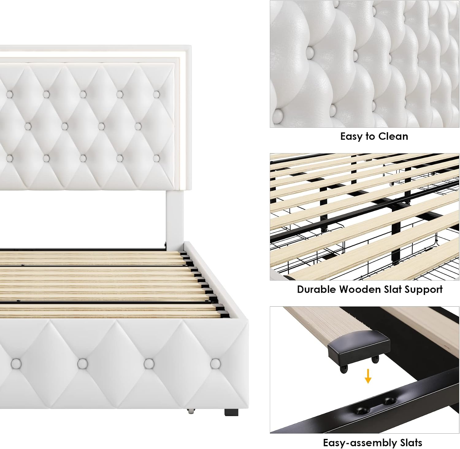 Keyluv King Upholstered LED Bed Frame with 4 Drawers, PU Leather Platform Storage Bed with Adjustable Button Tufted Headboard and Solid Wooden Slats Support, No Box Spring Needed, White