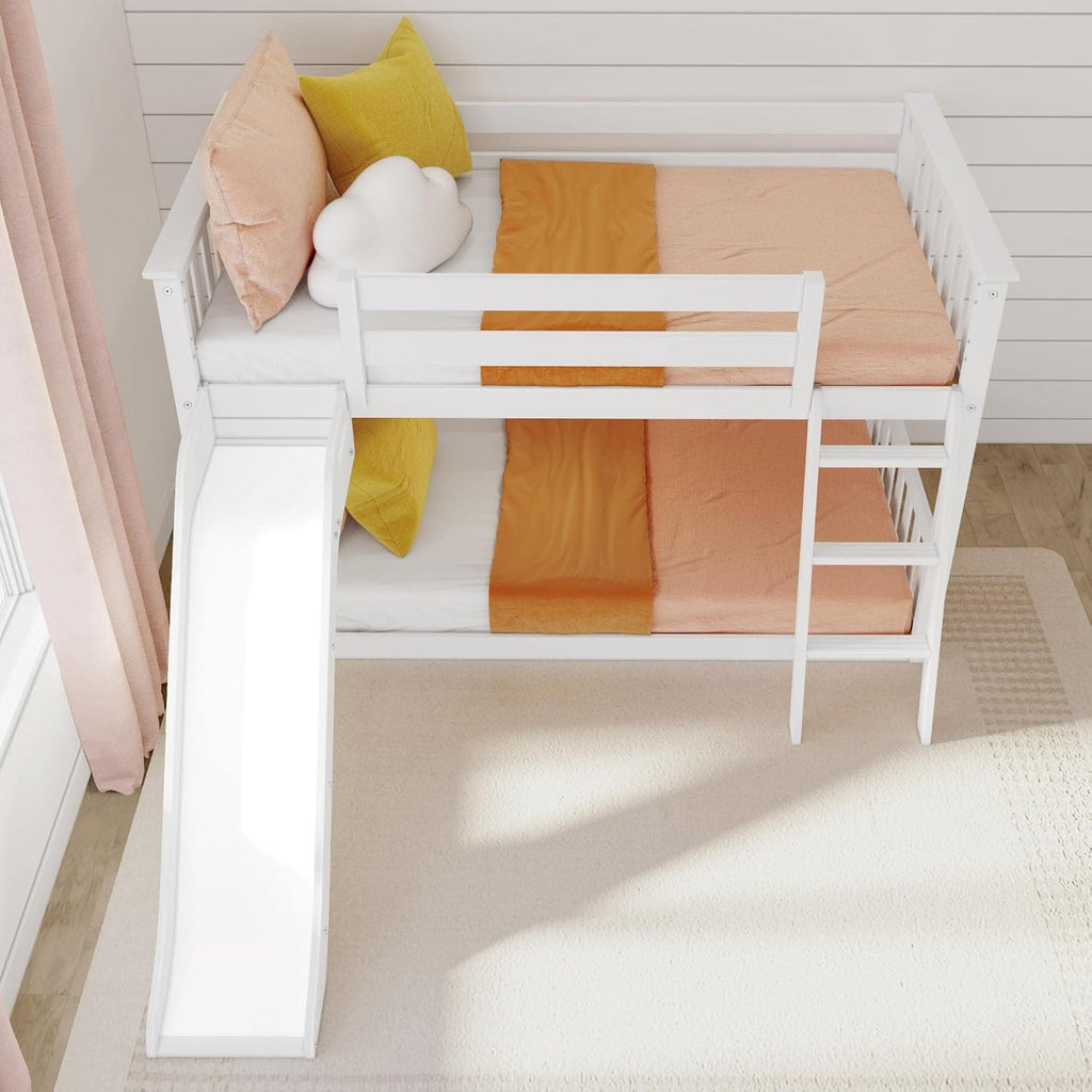 Max & Lily Solid Wood Twin Over Twin Size Low Bunk Beds for Kids with Slide and Ladder, 400 lbs Weight Capacity, 14' Safety Guardrail, Anti-Slip Steps, White