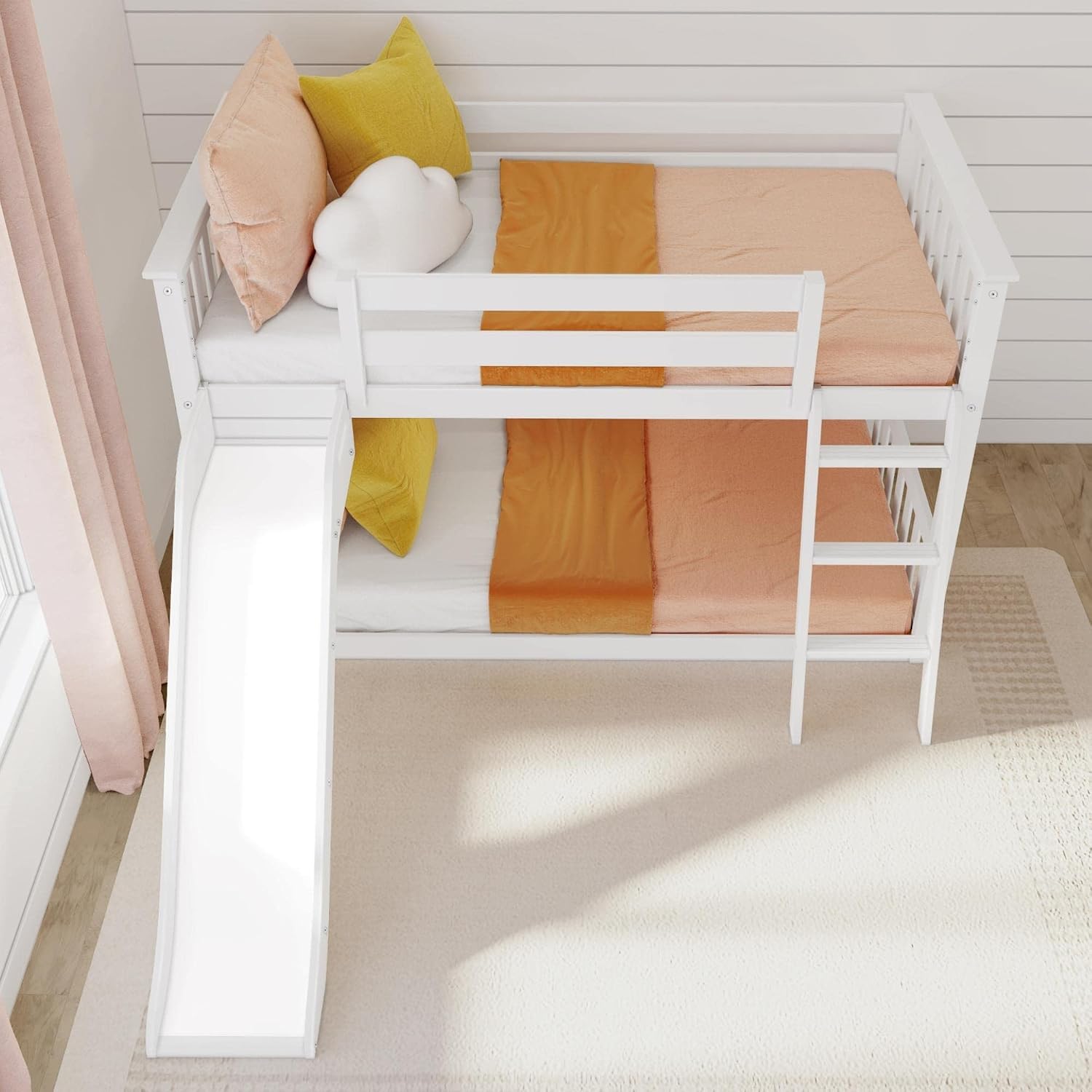 Max & Lily Solid Wood Twin Over Twin Size Low Bunk Beds for Kids with Slide and Ladder, 400 lbs Weight Capacity, 14' Safety Guardrail, Anti-Slip Steps, White