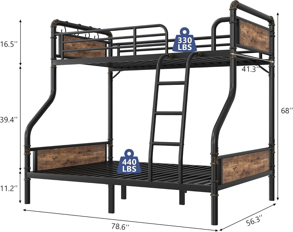 Jocoevol Metal Bunk Bed Twin Over Full, Industrial Bunkbeds Heavy Duty Bed with Safety Guard Rails and Space-Saving Design, Steel Bed for School, Bedroom (Vintage Brown)