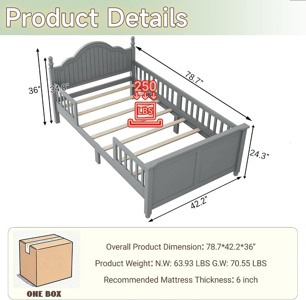 Twin Kids Bed Frame with Full-Length Guardrails, Low Profile Wood Platform Bed with Headboard & Footboard, Removable Safety Rails, 6.7' Under-Bed Storage, Roman Column Design, Twin Size, Gray