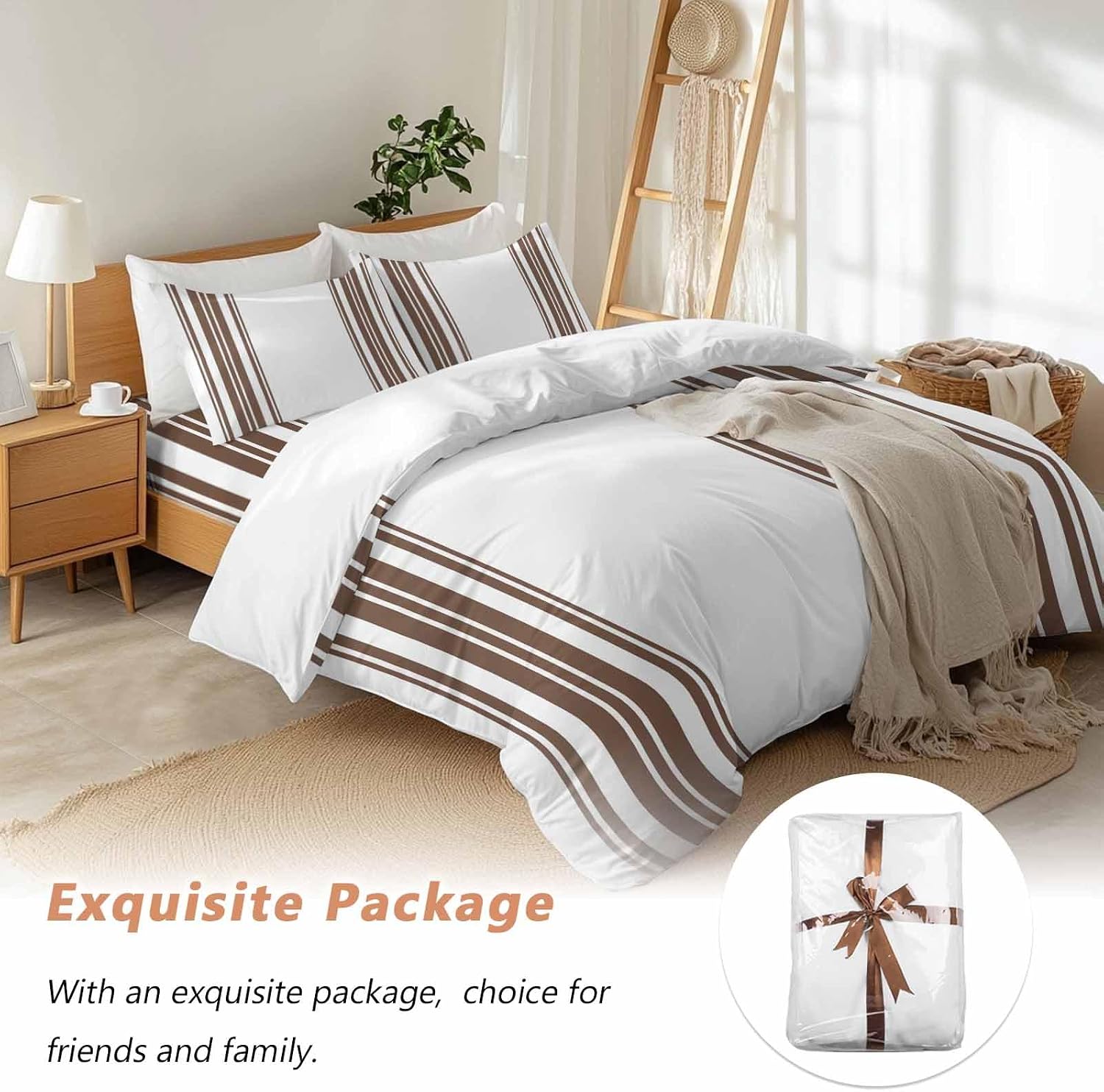 Dark Brown and White Striped Duvet Cover Set Queen Size 4 Pieces Modern Minimalist Vertical Lines Bedding Set with Zipper Closure, 1 Comforter Cover 90x92 Inches 1 Flat Sheet & 2 Pillow Cases