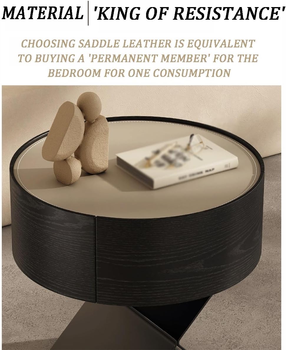 Modern Minimalist Circular Bedside Table, Black Wood Grain Storage Cabinet with Single Drawer, Suitable for Minimalist Decoration in bedrooms and Living Rooms((16x16x20in))