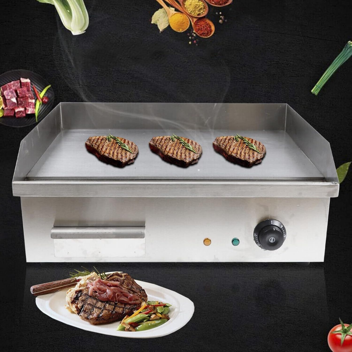 Electric Countertop Griddle Grill Barbecue Flat Top Cooktop Plate Non-Stick 22'' Commercial Large Countertop Griddle Flat Top BBQ Grill Plate Machine For Fried Steak, Hand Pancakes