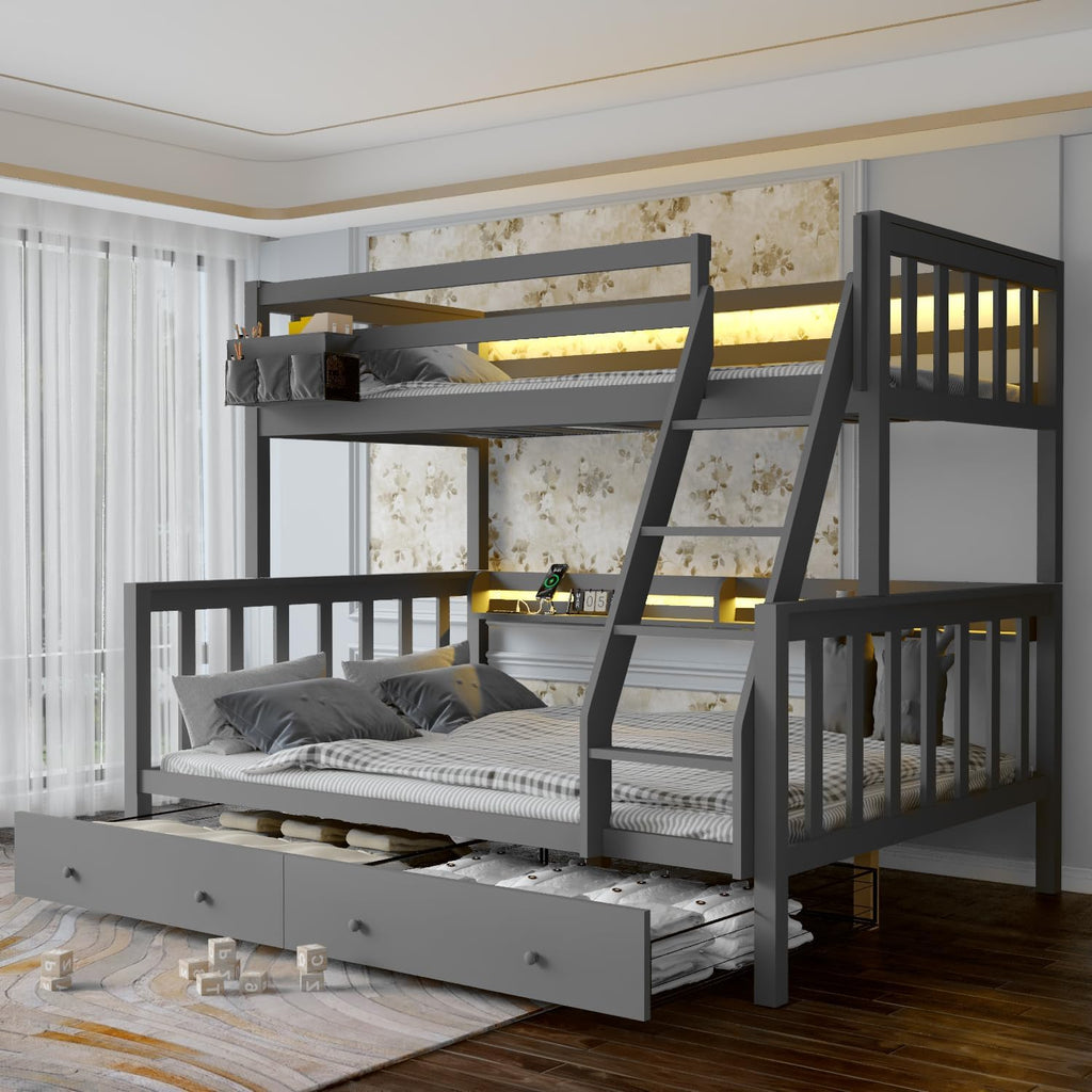 FJTJBSI Solid Wood Bunk Bed with Charging Station and LED Lights Detachable Bunk Bed Twin Over Twin with 2 Storage Drawers Full Size Bed Frame with Guardrail and Ladder for Kids Adults Bedroom