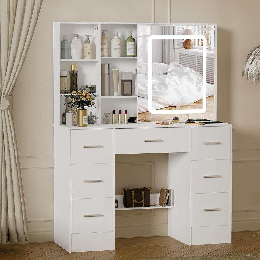 Makeup Vanity Desk with Mirror and Lights, Makeup Vanity Table, White Makeup Desk with 7 Drawers & Storage Shelves, 3 Color Modes Adjustable, Vanity Set with Mirror, Dressing Table for Bedroom