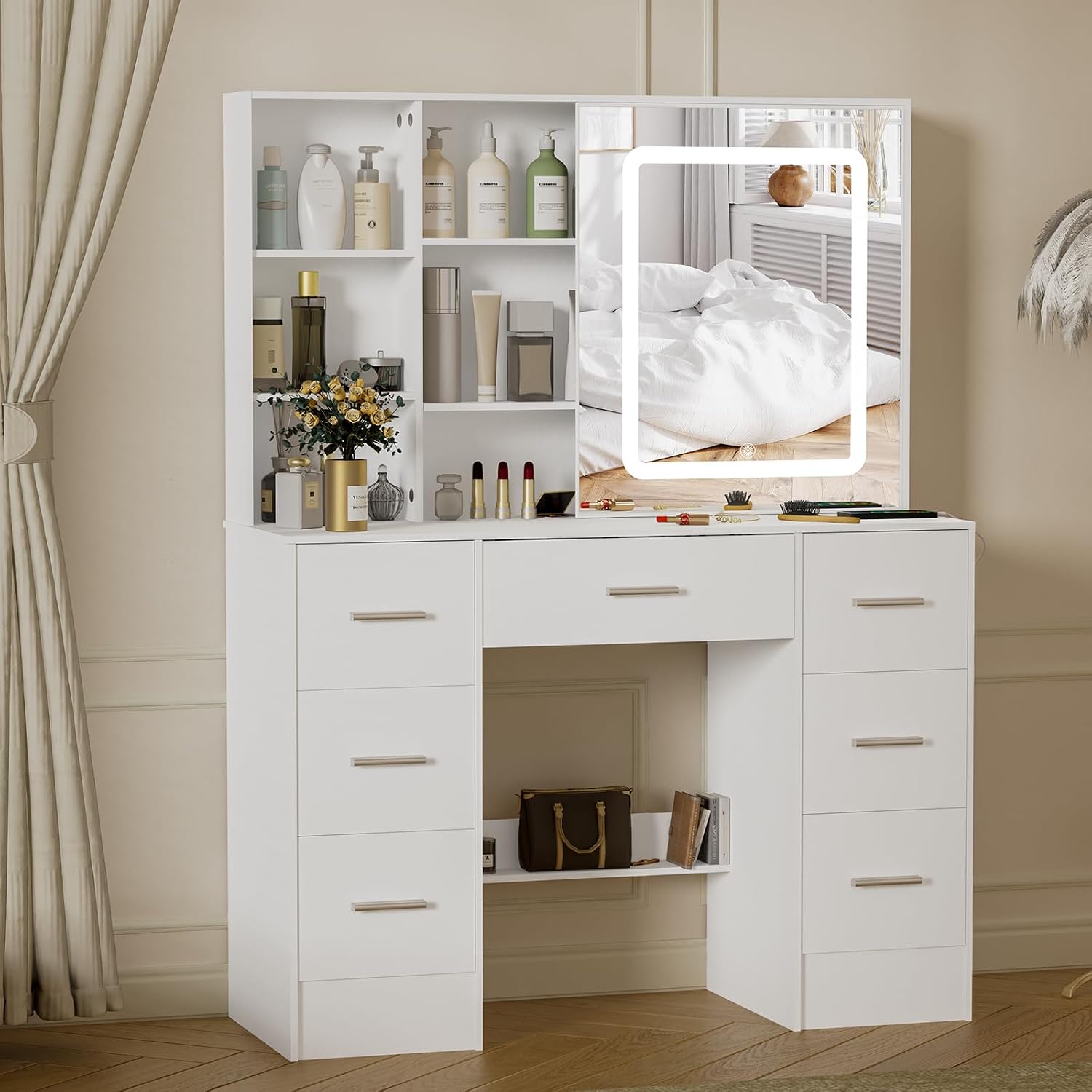 Makeup Vanity Desk with Mirror and Lights, Makeup Vanity Table, White Makeup Desk with 7 Drawers & Storage Shelves, 3 Color Modes Adjustable, Vanity Set with Mirror, Dressing Table for Bedroom
