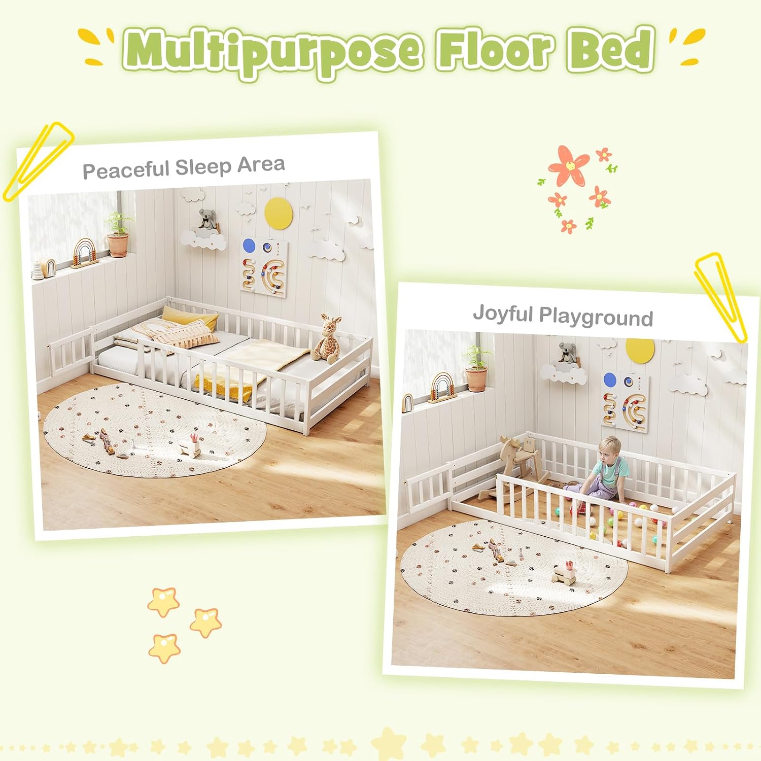 KOMFOTT Twin Size Wood Floor Bed with Door & Fence, Montessori Bed Frame with Full Length Safety Guardrails, Door & Latch, Wooden Montessori Floor Bed for Kids, Girls, Boys (White, Twin)