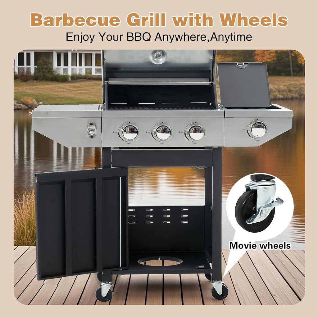 Endark 3-burner Propane Gas Grill | 37,000 BTU Stainless Steel with Side-iFre Function | with Enameled Cast Iron Grate,Thermometer and Side Stand Wheels | Great for Patio and Garden Outdoor Cooking