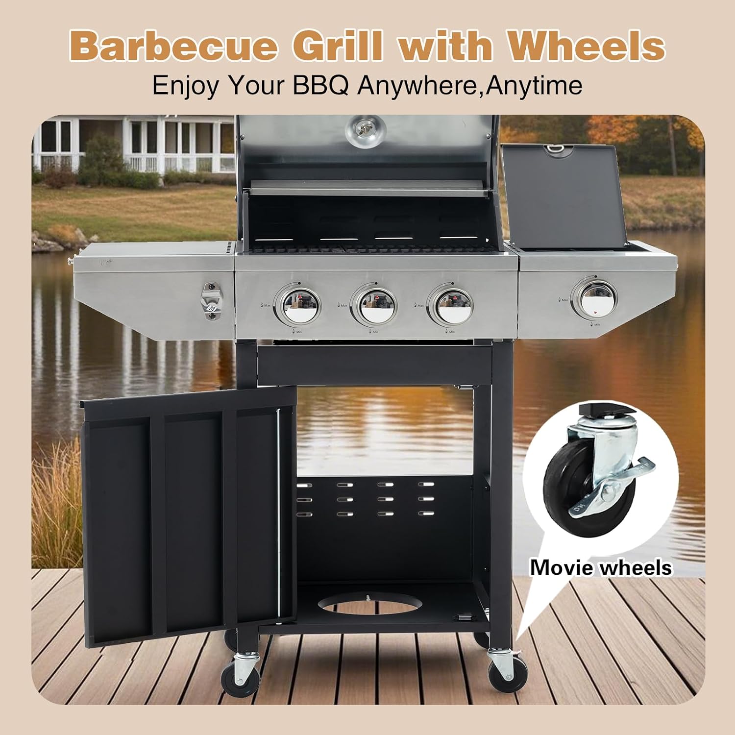 Endark 3-burner Propane Gas Grill | 37,000 BTU Stainless Steel with Side-iFre Function | with Enameled Cast Iron Grate,Thermometer and Side Stand Wheels | Great for Patio and Garden Outdoor Cooking