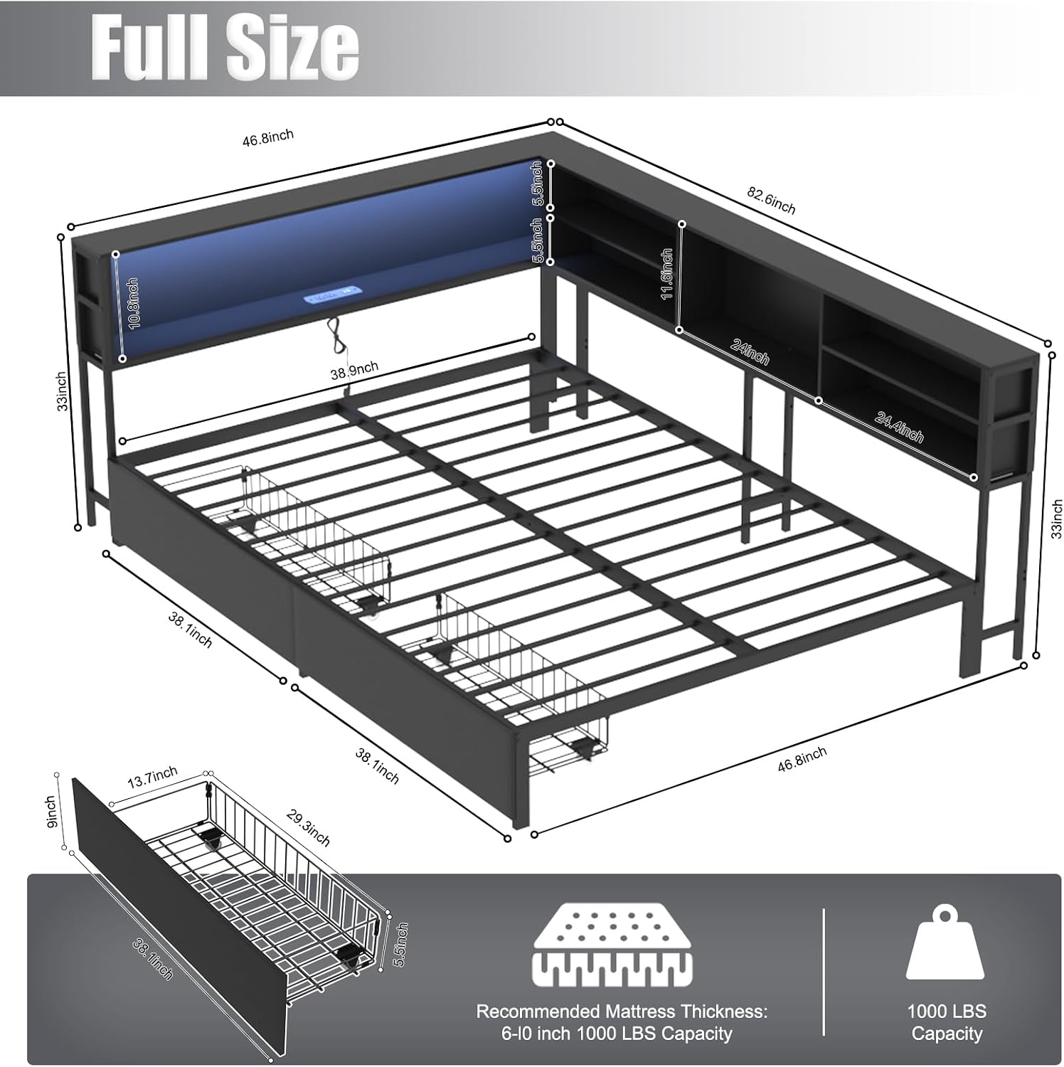 Bellemave Full Corner Bed Frame with Storage, Full Captains Bed with Charging Station, LED Light, Wood Daybeds with L-Shaped Bookcase and 2 Drawers, Black