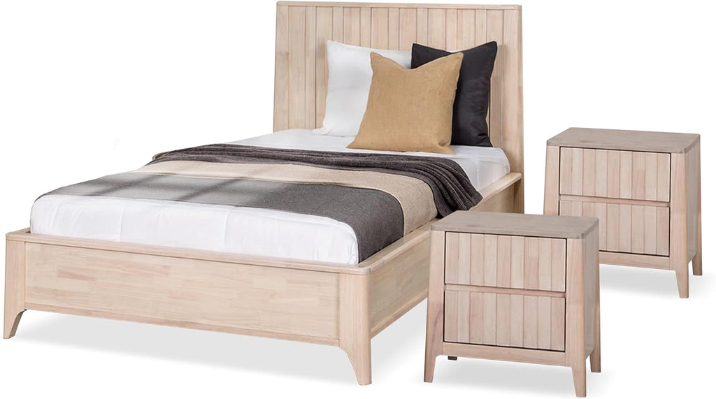 Furniture of America Elysia Mid-Century Modern 3-Piece Bedroom Collection with Vertical Fluting Bedframe, 2-Drawer Nightstands Set of 2, No Box Spring Required for Home, Guest Room, Twin, White Wash