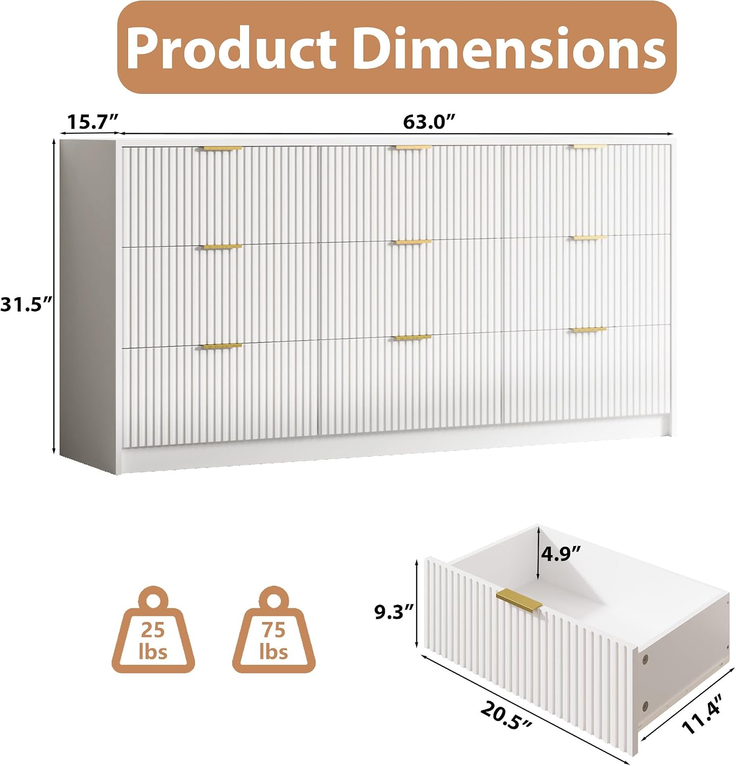 MAISONARIA 3-Piece Dresser Bedroom Set, 9 Drawer Dresser & 3 Drawer Nightstands with Gold Handles, Fluted Wood Chest of Drawers for Bedroom, Living Room, Entryway, White