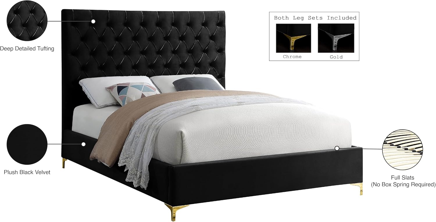 Meridian Furniture Cruz Collection Modern | Contemporary Velvet Upholstered Bed with Deep Button Tufting and Complete Sets of Gold and Chrome Legs Included, Full, Black
