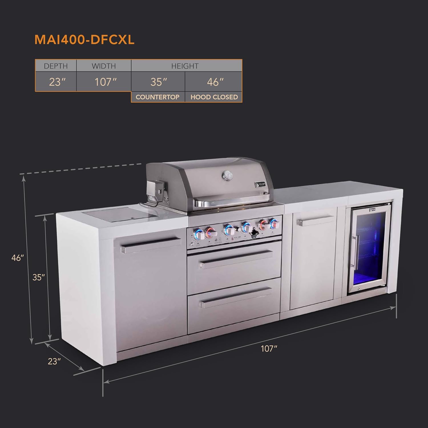 Mont Alpi Premium 107'W x 23'D x 46'H Deluxe Stainless Steel Outdoor Kitchen Island with Refrigerator + 32'W 4-Burner BBQ Gas Grill + Granite Countertops + Storage Cabinets + Rotisserie Kit + Cover