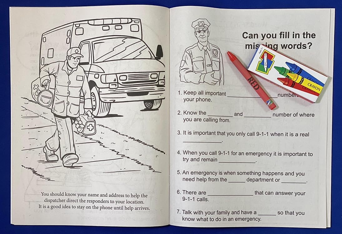 ZOCO – Learn About 911 – Custom Promotional Coloring Books (250 Bulk Pack, with Crayons) – EMT, EMS Dispatcher, Police, Sheriff, Fire Department Handout for Kids