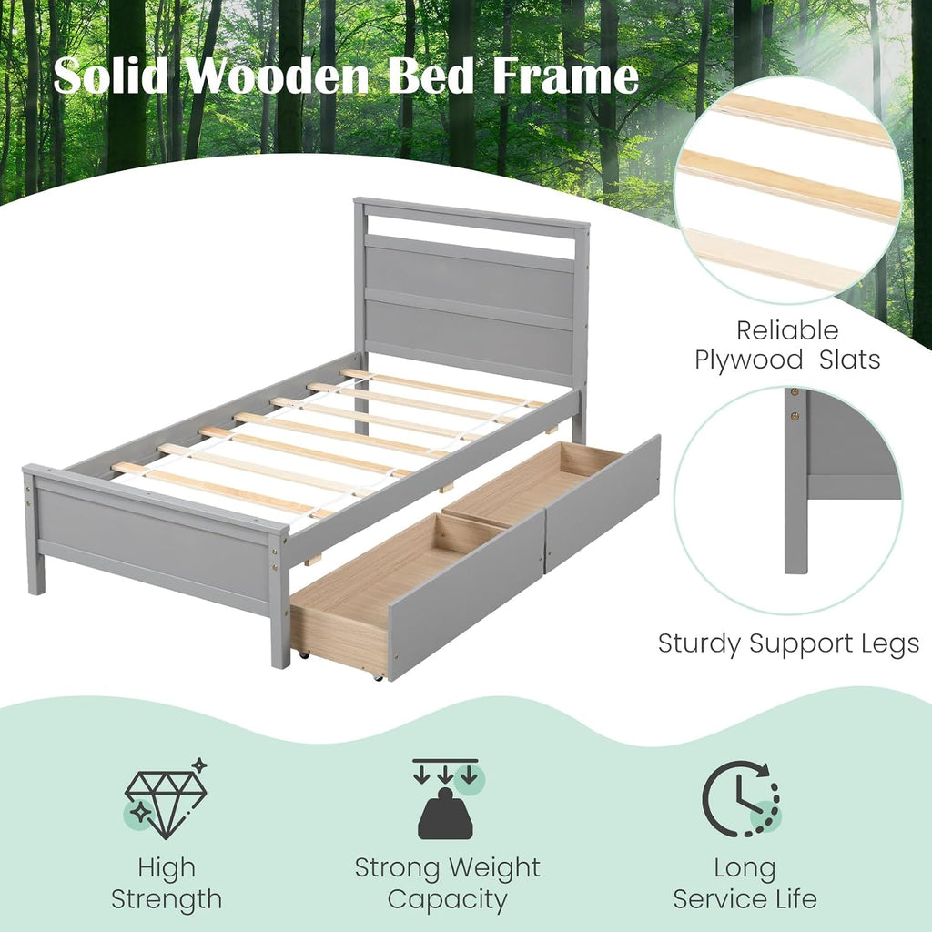 Giantex Wood Twin Bed with 2 Storage Drawers, Solid Wood Platform Bed with Headboard, Single Bed Wooden Slats Support, No Spring Needed, Twin Bed Frame for Kids, Teens, Adults (Grey)