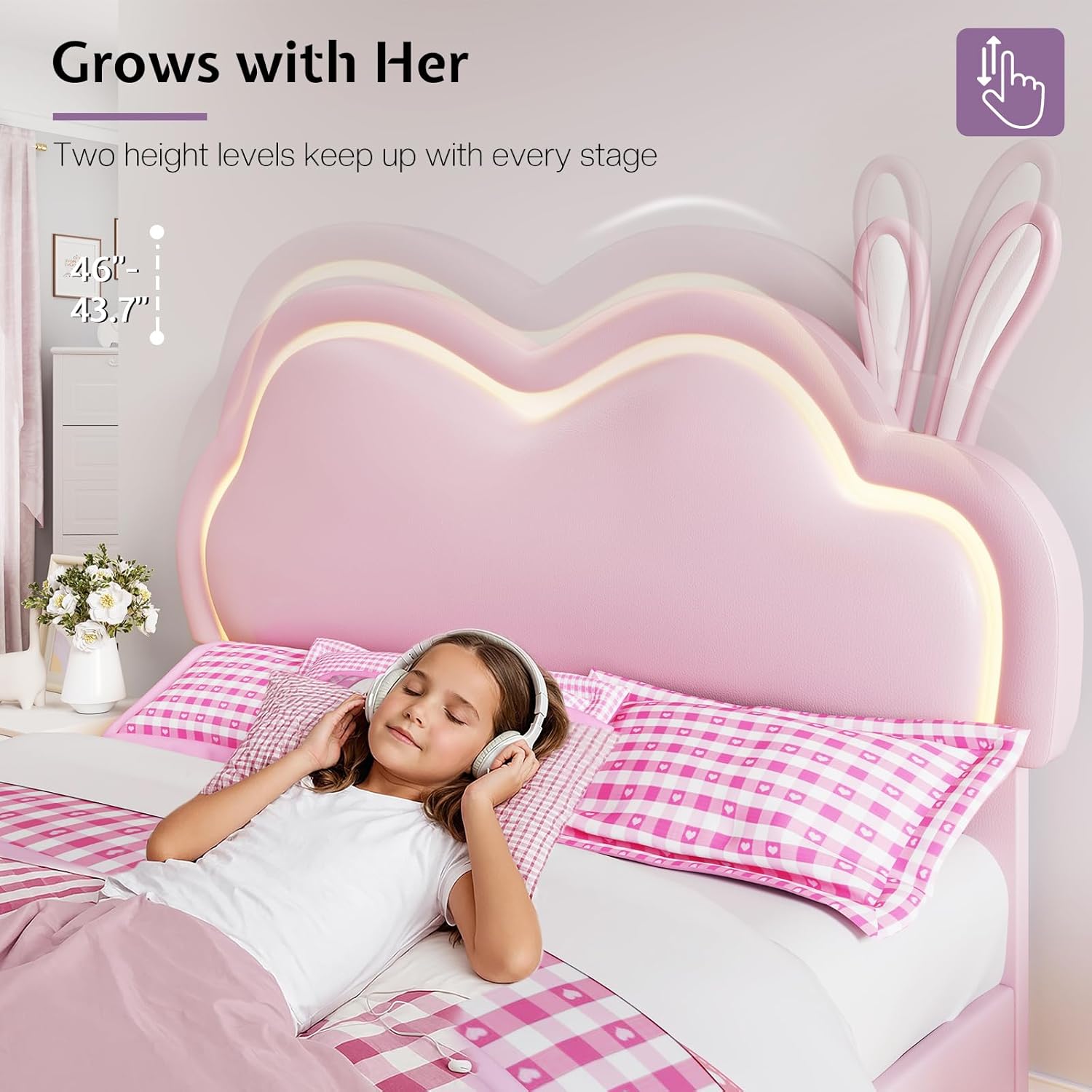 Jocisland Queen Size Floating Bed Frame, Faux Leather Upholstered Platform Bed with LED Lights, Adjustable Cloud Headboard, No Box Spring Needed, Pink | Bunny Ears Design