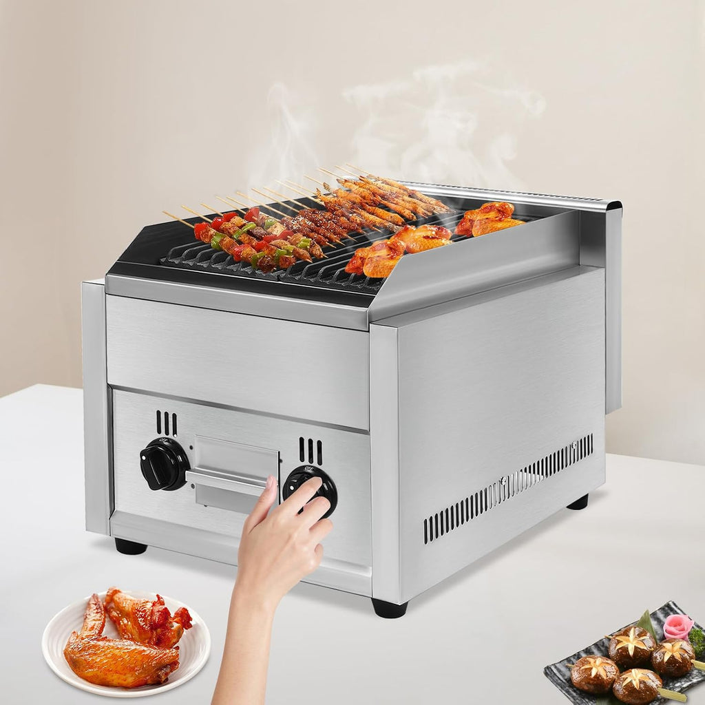 Commercial Char Broiler Grill, 2 Burner Countertop LPG Gas Grill, 60TU/hr Stainless Steel Propane Charbroiler Broiler Grill Flattop BBQ Stove Outdoor Cooking Griddle Barbecue for Garden Patio