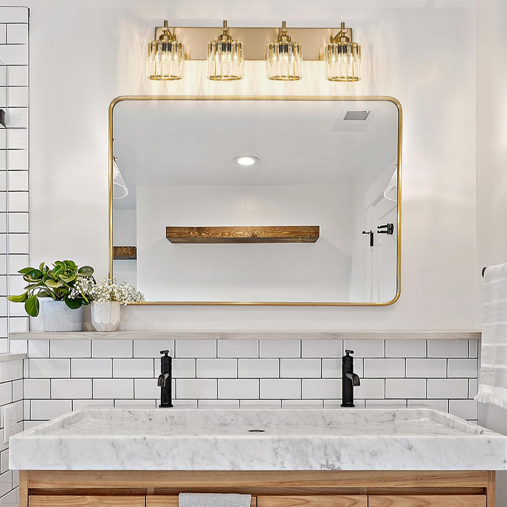 Modern Crystal Bathroom Vanity Lights, Gold 4-Lights Bathroom Light Fixtures Over Mirror, Crystal Wall Lighting with Polished Gold Finish