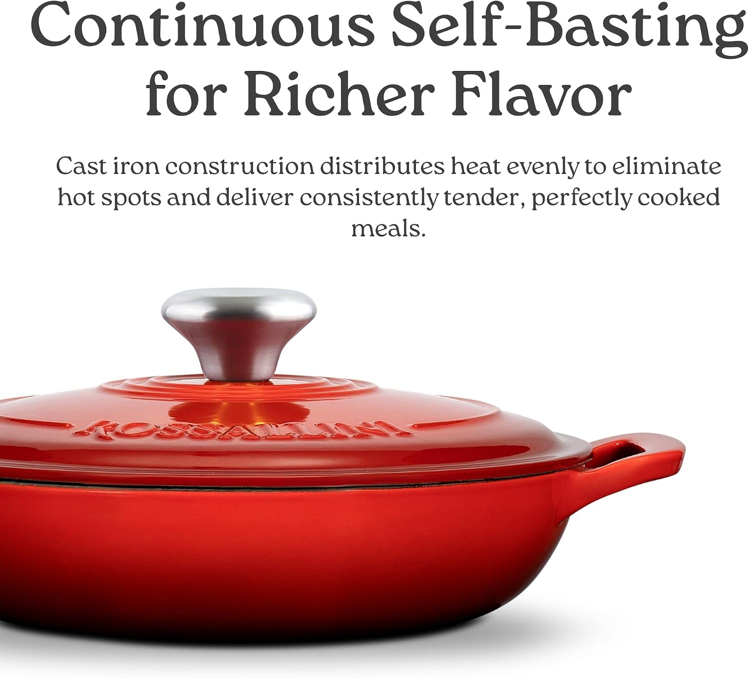 ROSSALLINI Signature Enameled Cast Iron Braiser, Non-Stick Serving Pot with Tight Fitting Lid for Perfect Roasting, Baking, Sauteing, Searing, and Pan Frying | 5Q (4.7L) - Red