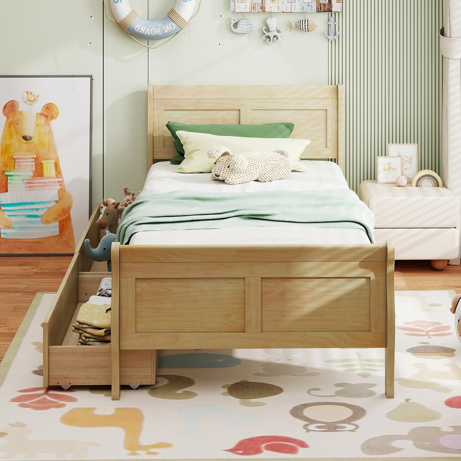 Giantex Twin Bed with 2 Storage Drawers, Wood Platform Bed with Headboard & Footboard, Wooden Slats Support Mattress Foundation, Twin Bed Frames for Kids Teens Adults, No Box Spring Needed (Natural)