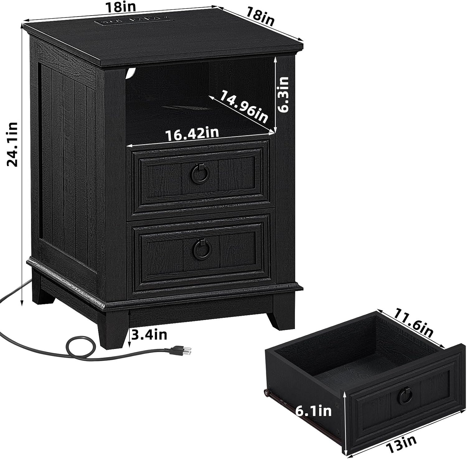 Joaxswe Farmhouse Furniture Set, Nightstands Set of 2 and 6 Drawers Dresser for Bedroom, 54 Inch Wide Wood Dresser and 18' Night Stands with Charging Station for Bedroom, Living Room, Hallway