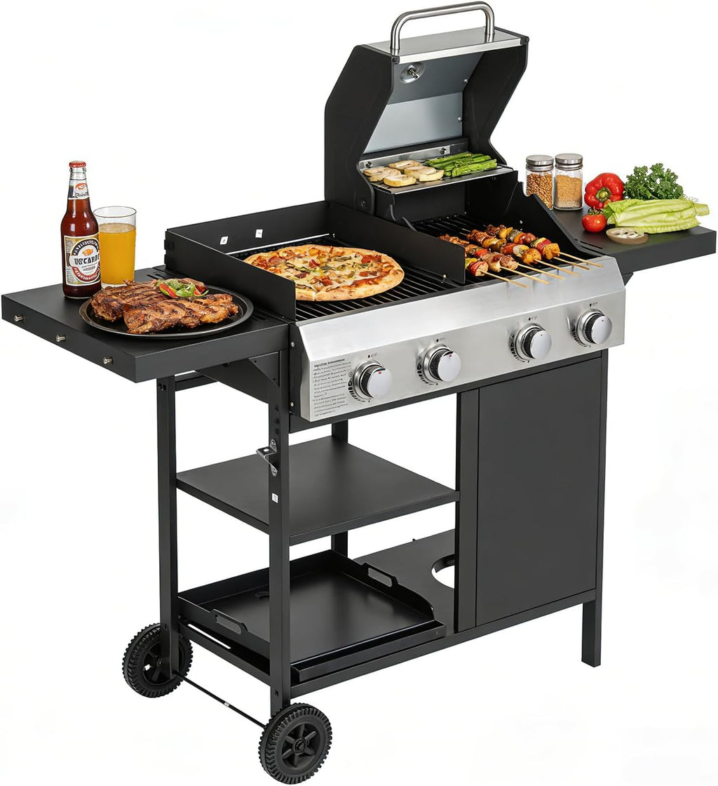 Endark 49,200 BTU 4-Burner Multi-Function Stainless Steel BBQ Grill - For Outdoor Cooking, Patio Backyard Barbecue, Camping - Griddle Combo for BBQ,FRYING and PIZZA