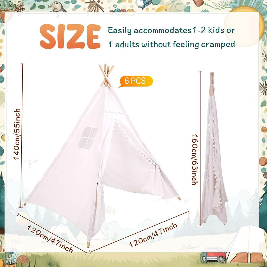 Windyun 6 Pcs Kids Teepee Tent Foldable Washable Indoor Outdoor for Boys Girls Toddler Boho Sleepovers Birthday Pajama Party Spa Supplies(63 Inch,White)