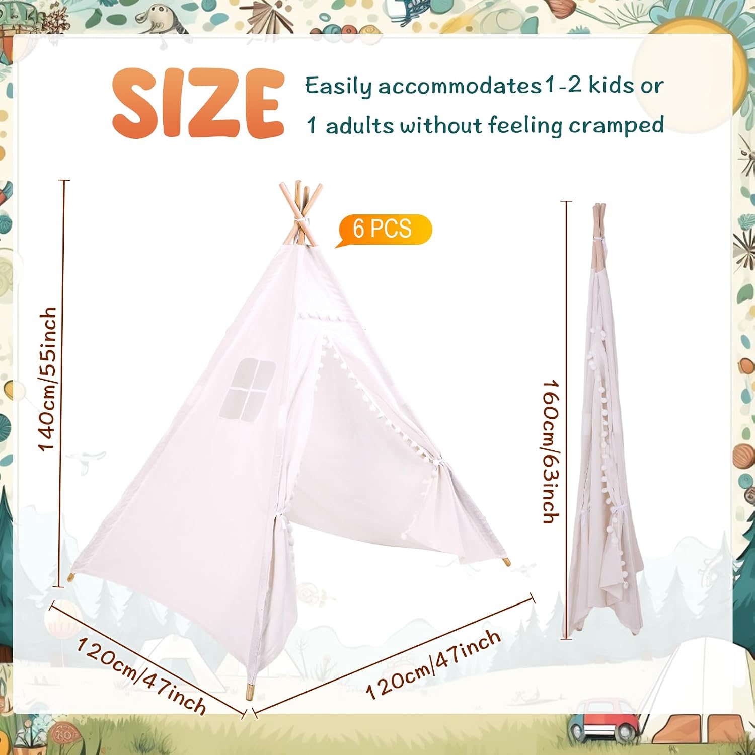 Windyun 6 Pcs Kids Teepee Tent Foldable Washable Indoor Outdoor for Boys Girls Toddler Boho Sleepovers Birthday Pajama Party Spa Supplies(63 Inch,White)