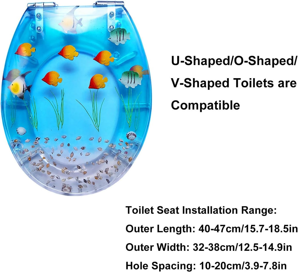 Resin Toilet Seat, Round Seats with Ocean Design, Soft Close and Quick Release Hinges, for Bathroom, Home, and Guest Restroom(Blue5)