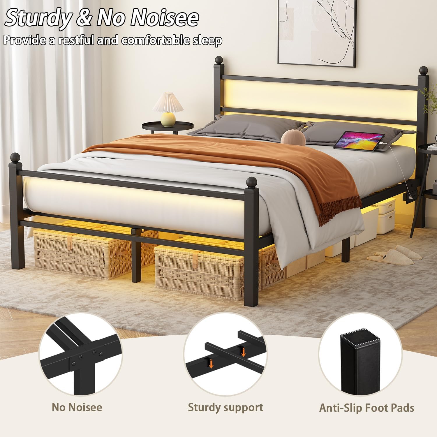 Full Size Bed Frame with Headboard and Footboard,Black Metal Platform Bed Frames with LED Lights and USB Charging Station,Heavy Duty Metal Slats,No Box Spring Needed,Sturdy&Noise Free