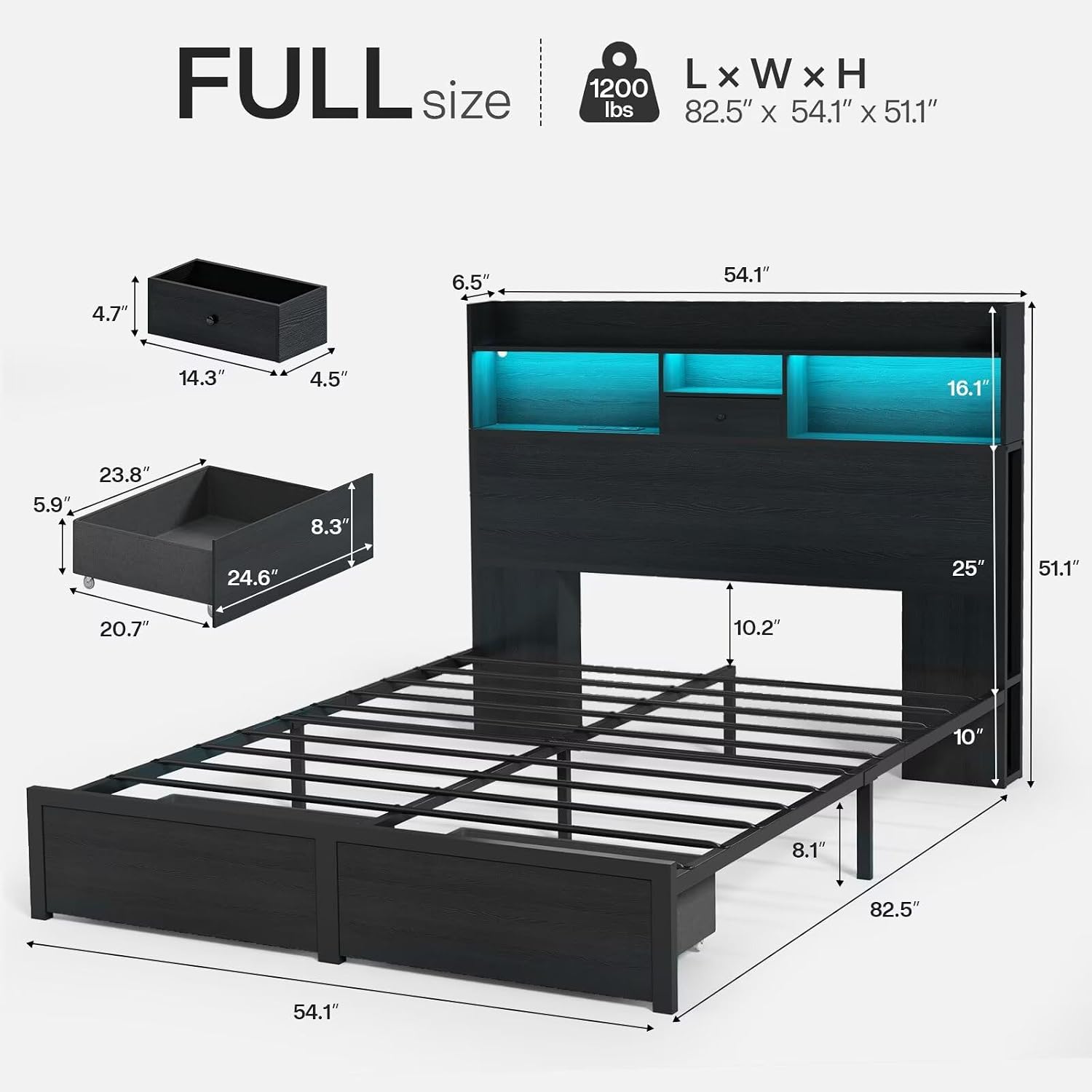Full Size Bed Frame with Tall Headboard and LED Lights, 51.2' Bookcase Black Bed Frame Full with Storage Drawers and Charging Station, Platform Metal Bed Frames, No Box Spring Needed, Black