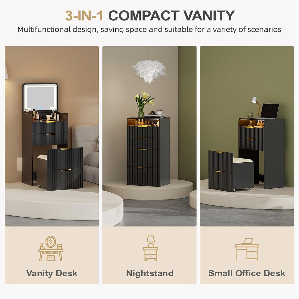 Lvifur 3 in 1 Vanity Desk with Plip Top Mirror,Black Small Makeup Vanity Set with Visible Glass Desktop,Compact Vanity with 3 Drawers,Storage Compartment and Padded Stool,Dressing Table for Bedroom