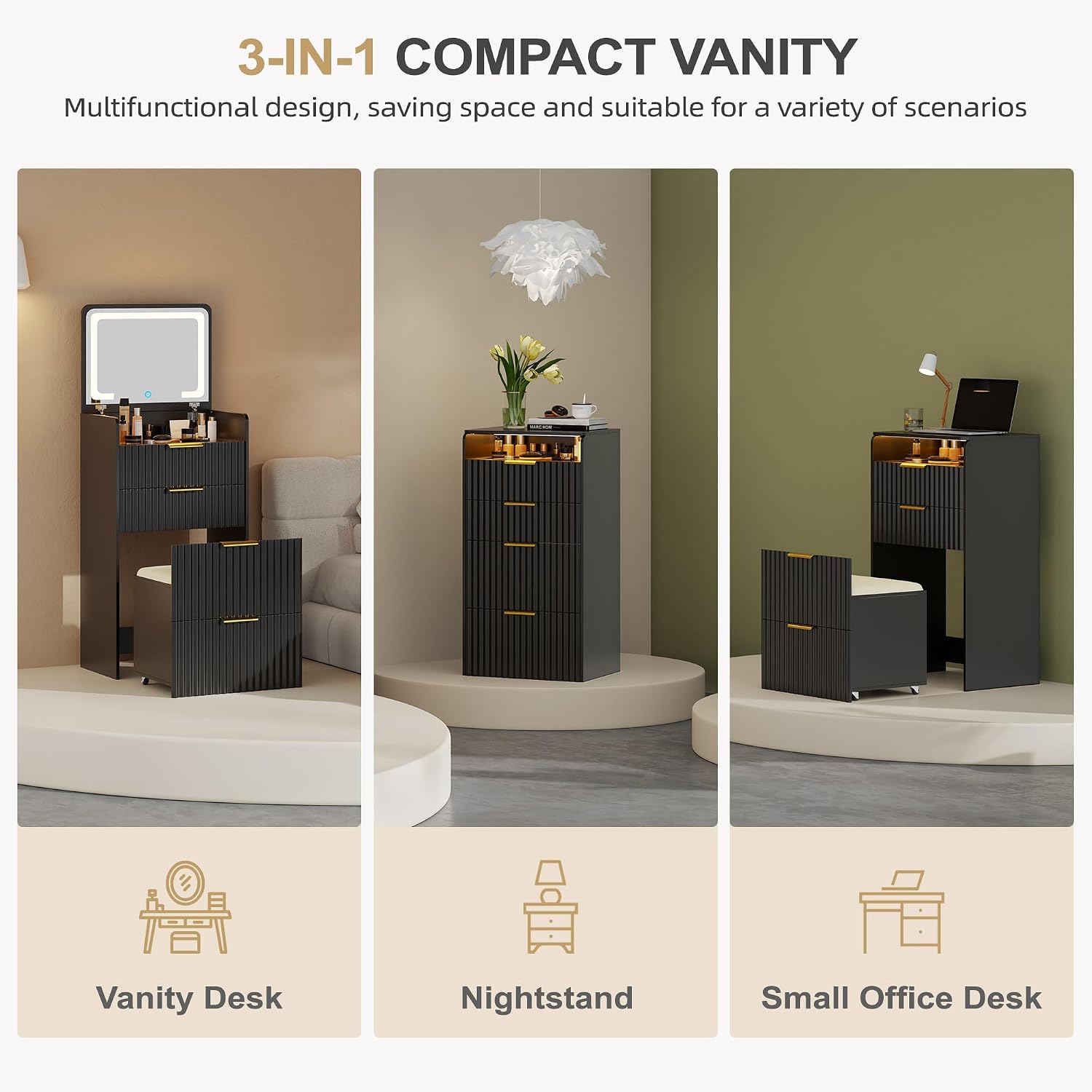 Lvifur 3 in 1 Vanity Desk with Plip Top Mirror,Black Small Makeup Vanity Set with Visible Glass Desktop,Compact Vanity with 3 Drawers,Storage Compartment and Padded Stool,Dressing Table for Bedroom