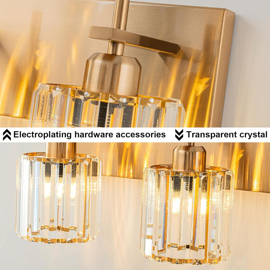 Modern Crystal Bathroom Vanity Lights, Gold 5-Lights Bathroom Light Fixtures Over Mirror, Crystal Wall Lighting with Polished Brass Finish