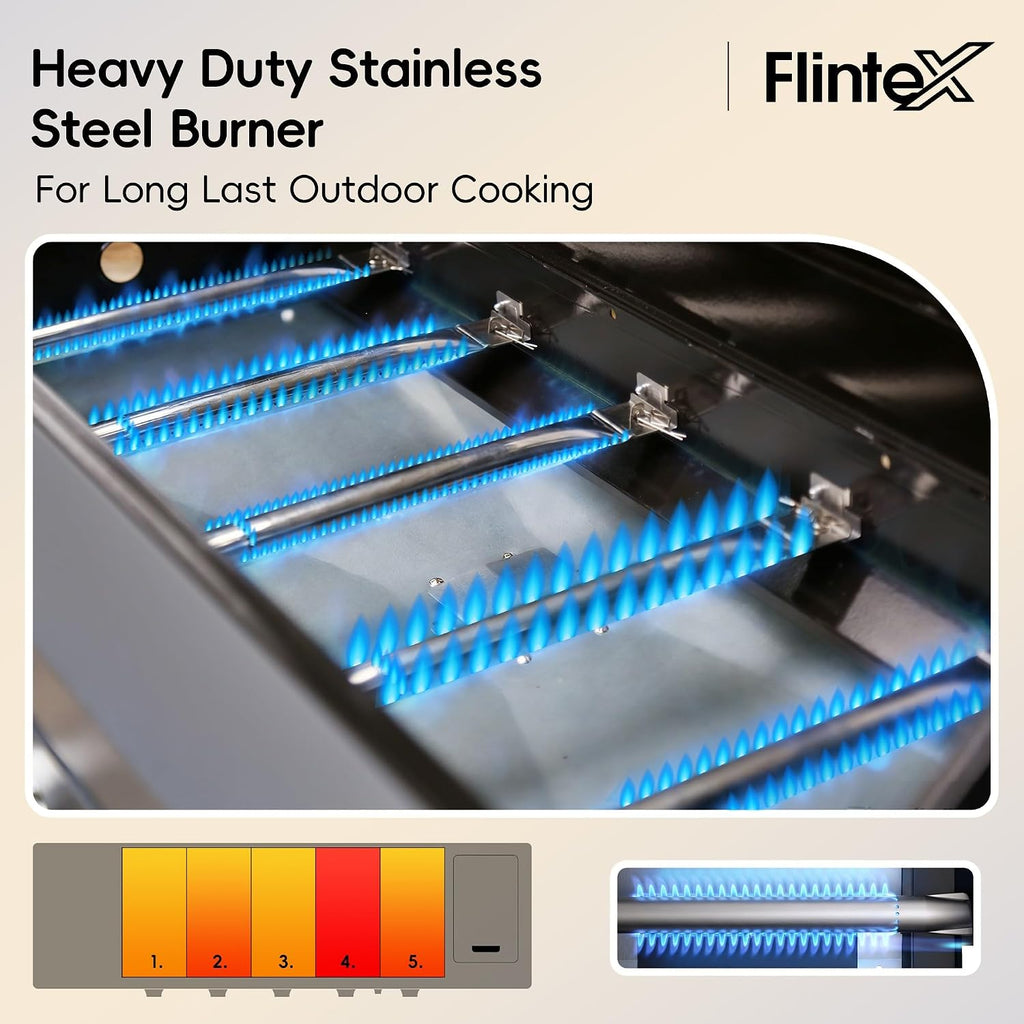 Flintex 5-Burner Propane Gas Kitchen Grill Island with Side Burner,52,000 BTU Stainless Steel BBQ Outdoor Griddle Grill Combo with LPG/NG Convertible and Storage Cabinets & Fold-out Table, Black