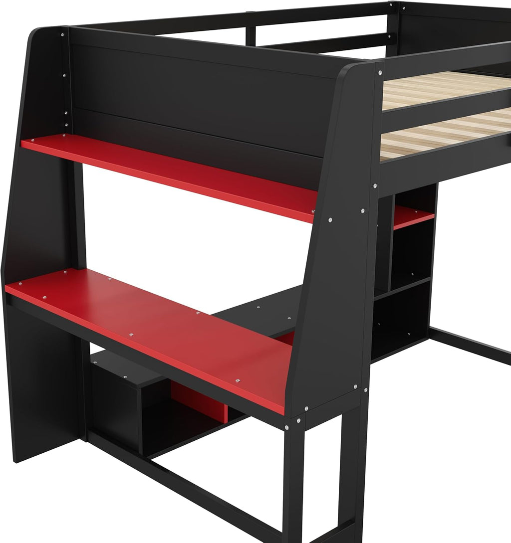 SOFTSEA Full Size Gaming Loft Bed with Desk and LED Lights, Wood Loft Bed Frame with Storage Shelves, Open Wardrobe, Full Gaming Loft Bed with Desk for Kids Teens Gamers, Red + Black