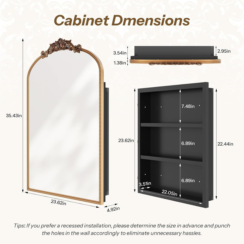 24x35 Inch Medicine Cabinets for Bathroom, Bronze Arched Medicine Cabinet with Mirror, Recessed or Surface Mount Medicine Cabinet Mirror，Premium All-Metal Frame&Body, Easy Assembly, Gold