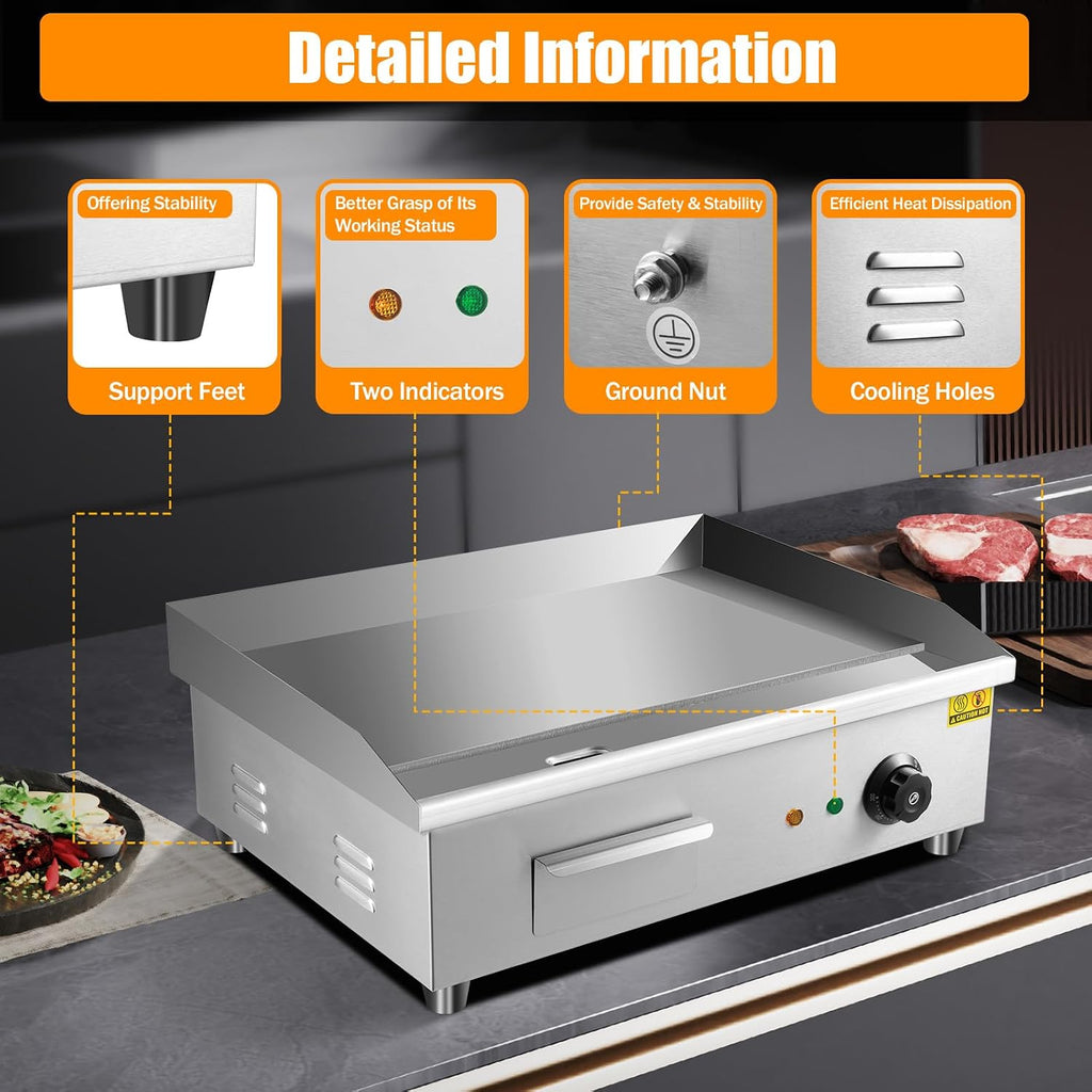 110V 3000W 22' Commercial Electric Countertop Griddle, Stainless Steel BBQ Flat Top Grill Hot Plate with Adjustable tatic Control 50°F-300°F, Restaurant Grill for Kitchen