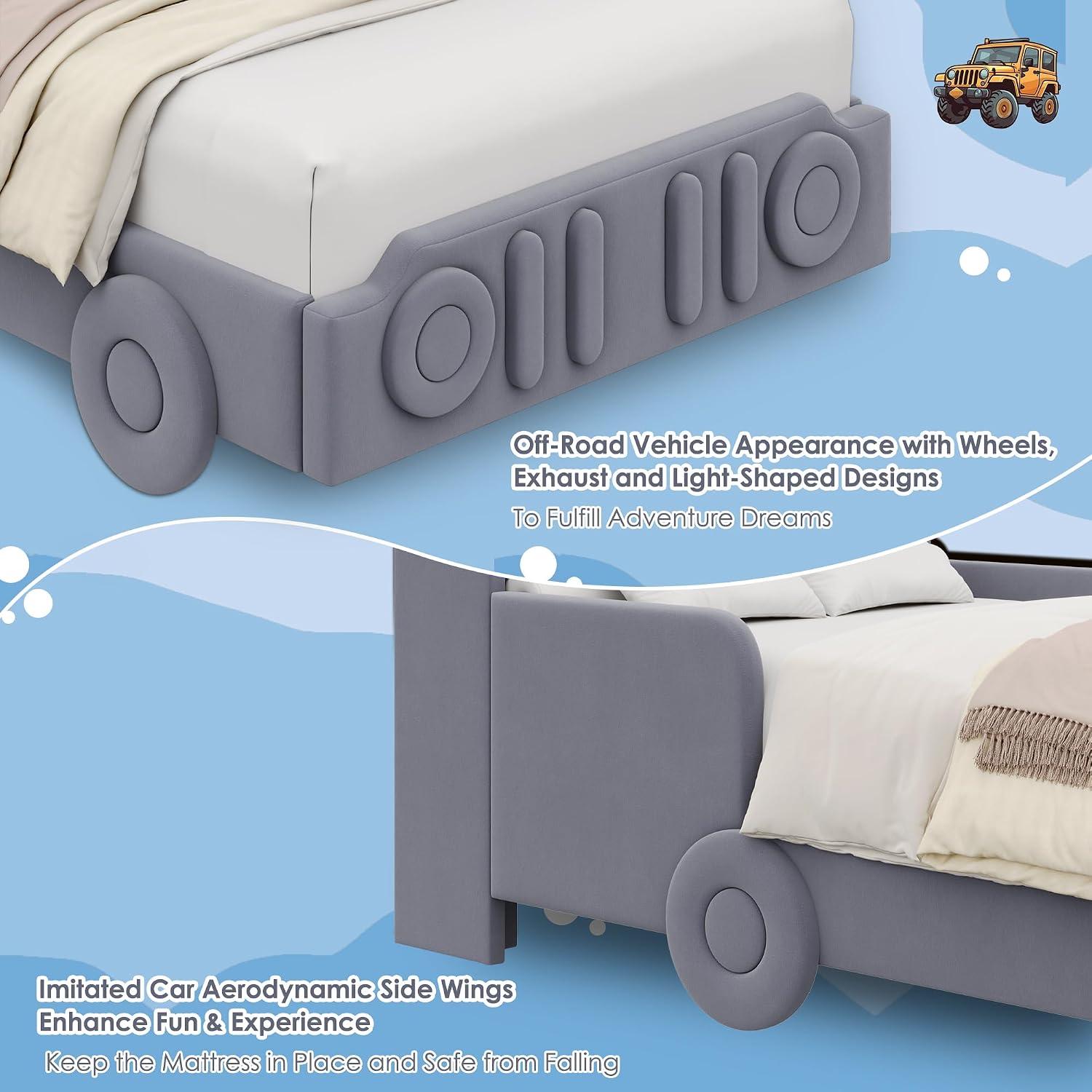 Keyluv Twin Car Bed Frame with LED Lights and Charging Station, Upholstered Platform Bed with Button Tufted Headboard and Wheels, No Box Spring Needed, Noise-Free, Easy Assembly, Velvet Grey