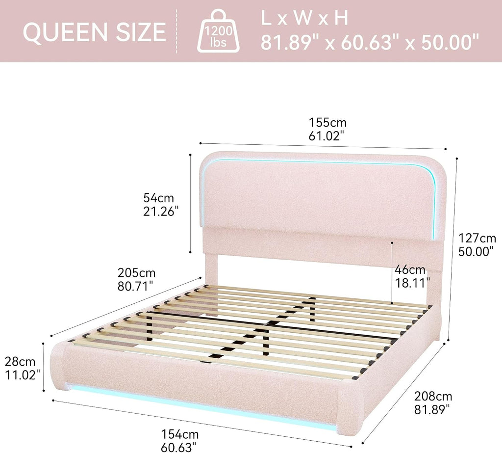 Torana Queen LED Bed Frame with Headboard and Footboard, Curved Shaped Cloud Marshmallow Upholstered Beds, Teddy Fleece Bedframe with Soft Rounded Corners and Strong Slats Support, Pink