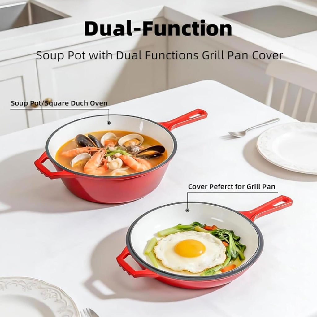 SUNGOOYUE Braiser Pan with Lid, Cast Iron Skillet Dutch Oven Pot 4QT Large Capacity Round Pan for Multiple Stove Oven Cooking Family Cookware