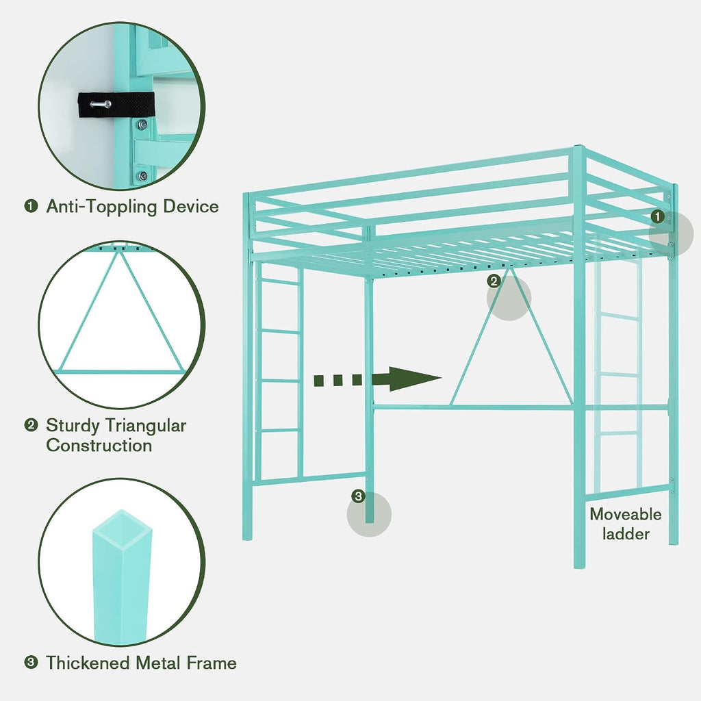 MUTICOR Twin Loft Bed Frame for Juniors and Adults with Safety Guardrail and Ladder,Metal Slats Support, Small Space Saving Furniture for Bedroom Kids Room and Dorm,Aqua Green