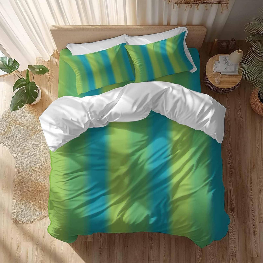 Green Blue Gradient Duvet Cover Set Queen Size 4 Pieces Color Striped Ombre Modern Minimalist Art Bedding Set with Zipper Closure, 1 Comforter Cover 90x92 Inches 1 Flat Sheet & 2 Pillow Cases