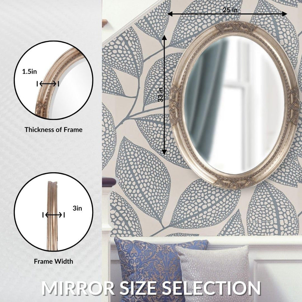 Howard Elliott Collection Queen Ann Oval Antique Silver Leaf Wall Mirror, Oval Bevelled Hanging Wood Framed Vanity Mirrors for Home Decor, Living Room, Bathroom, Bedroom, or Hallway, 25 x 33 Inch